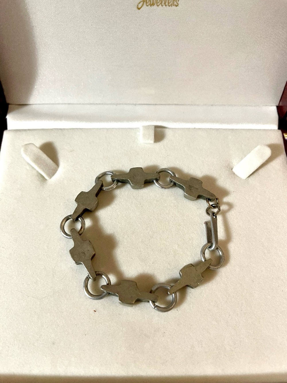 Vintage Silver Tone Brutalist Cross Bracelet